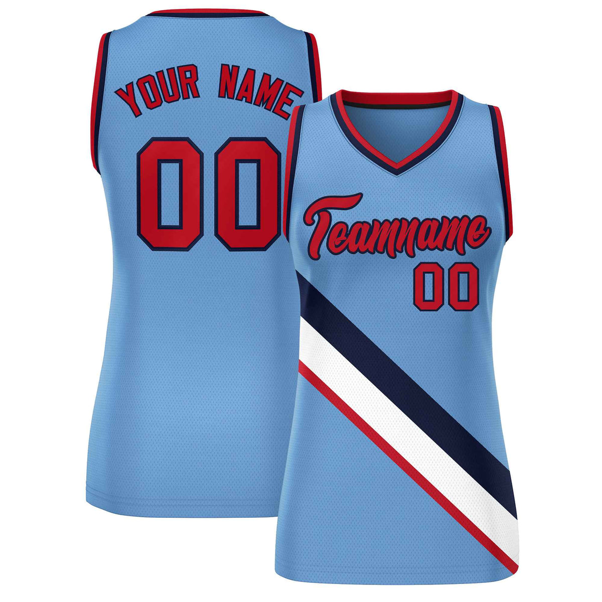 Custom Light Blue Navy-Red Thick Slash Fashion Tops Mesh Netball Dress For Women
