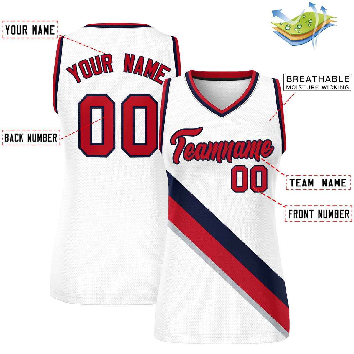 Custom White Navy-Red Thick Slash Fashion Tops Mesh Netball Dress For Women