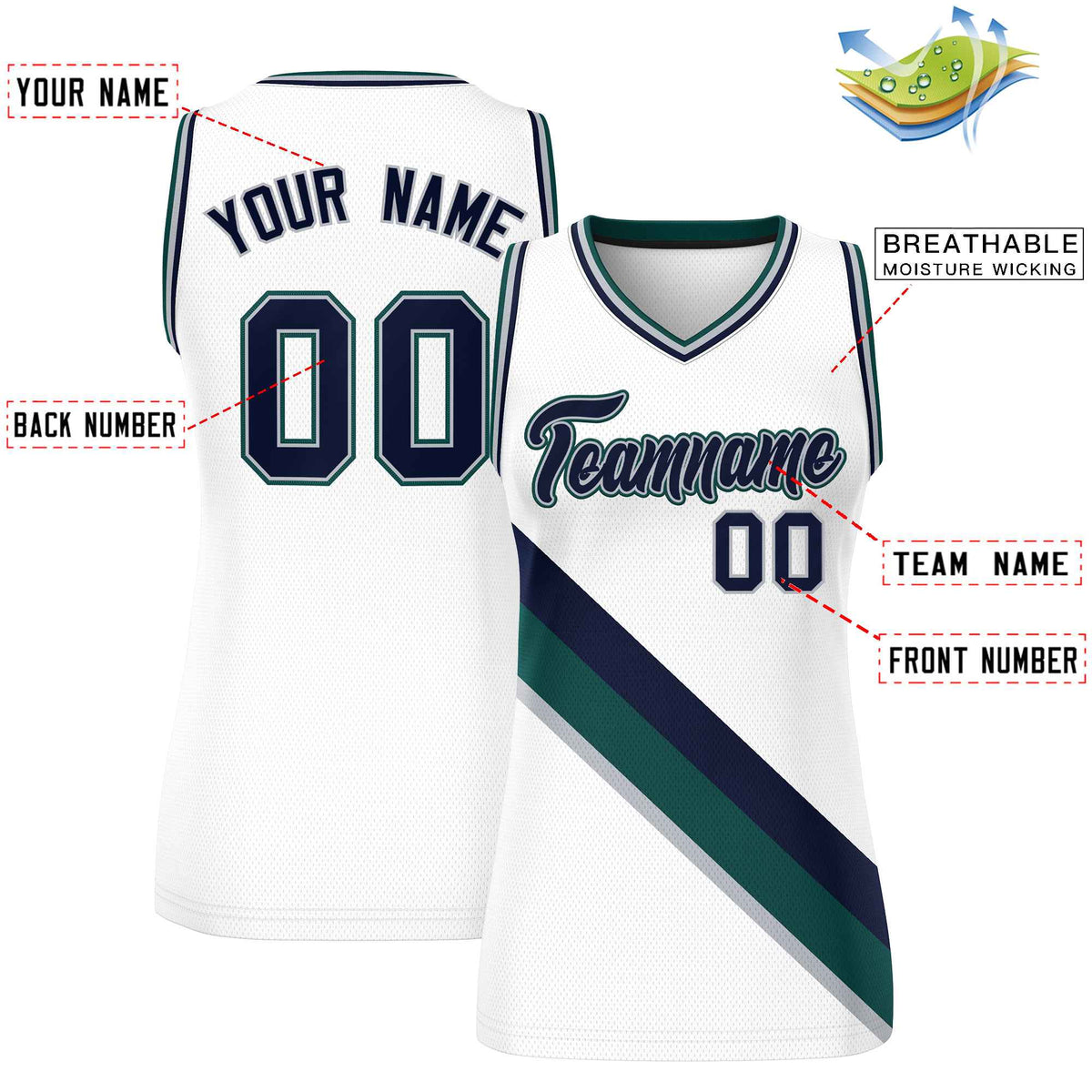 Custom White Midnight Green-Gray Thick Slash Fashion Tops Mesh Netball Dress For Women