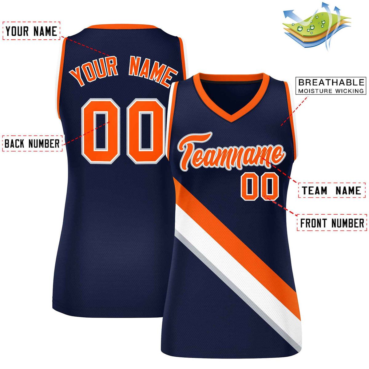 Custom Navy Orange-White Thick Slash Fashion Tops Mesh Netball Dress For Women