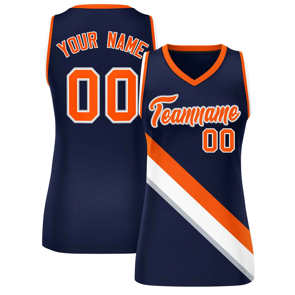 Custom Navy Orange-White Thick Slash Fashion Tops Mesh Netball Dress For Women