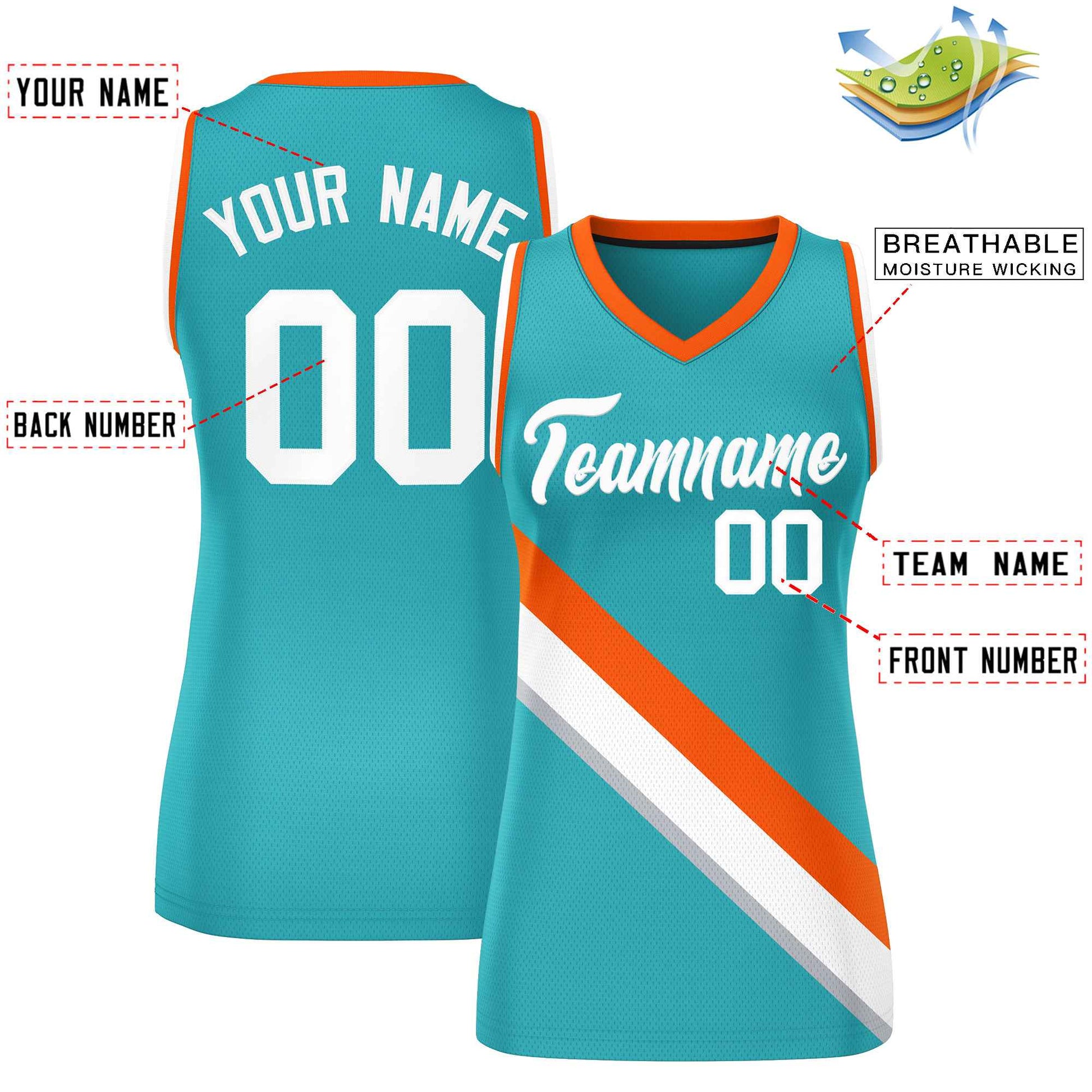 Custom Aqua Orange-White Thick Slash Fashion Tops Mesh Netball Dress For Women