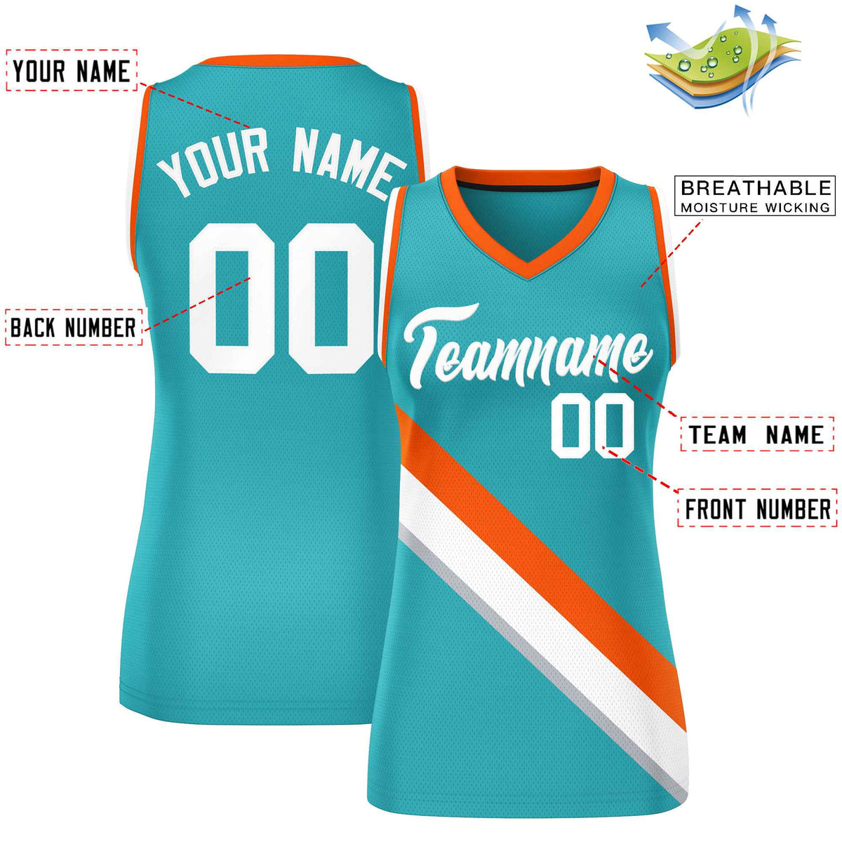 Custom Aqua Orange-White Thick Slash Fashion Tops Mesh Netball Dress For Women