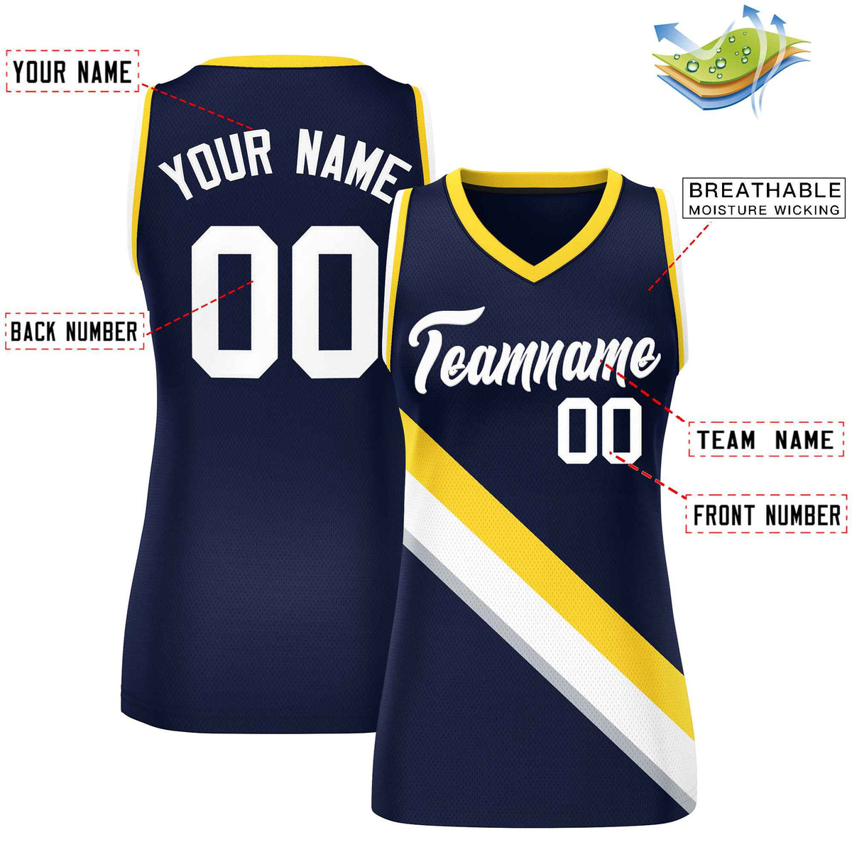 Custom Navy Gold-White Thick Slash Fashion Tops Mesh Netball Dress For Women