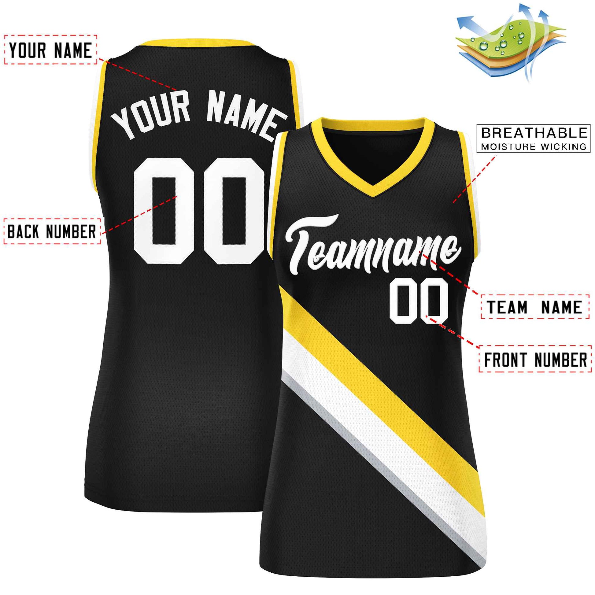Custom Black Gold-White Thick Slash Fashion Tops Mesh Netball Dress For Women