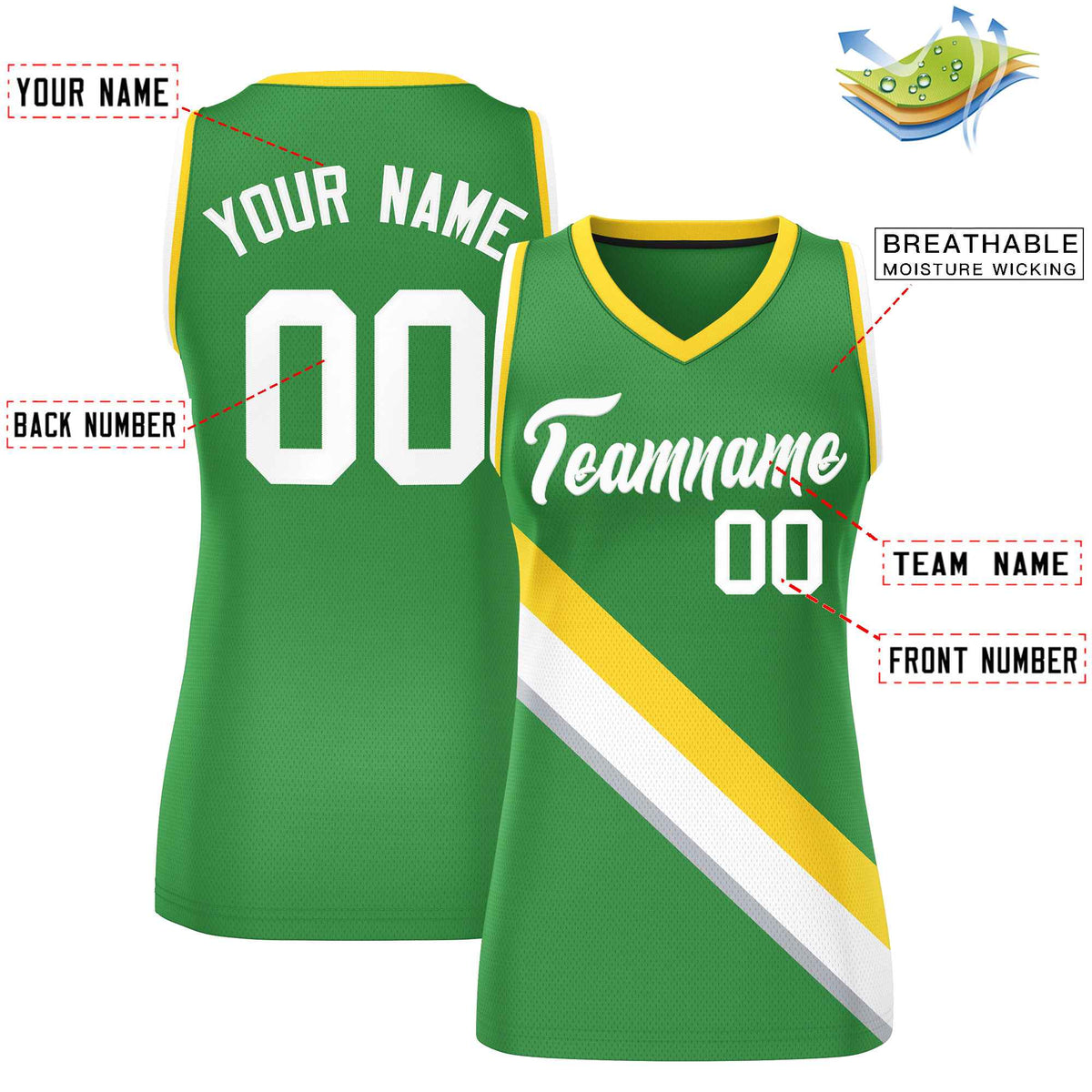 Custom Kelly Green Gold-White Thick Slash Fashion Tops Mesh Netball Dress For Women