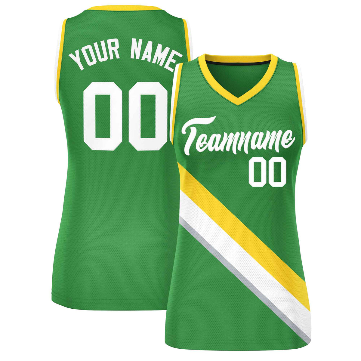 Custom Kelly Green Gold-White Thick Slash Fashion Tops Mesh Netball Dress For Women