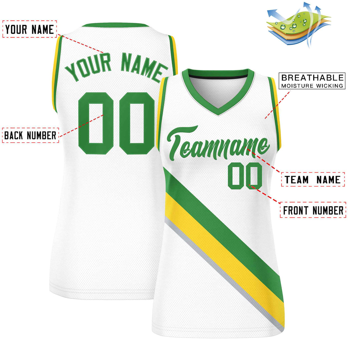 Custom White Kelly Green-Gold Thick Slash Fashion Tops Mesh Netball Dress For Women