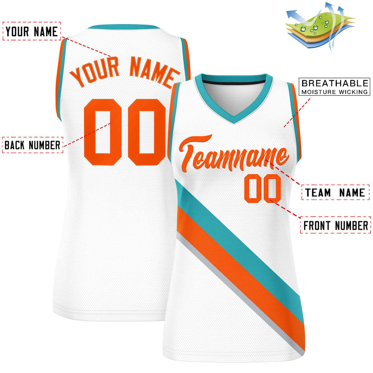 Custom White Aqua-Orange Thick Slash Fashion Tops Mesh Netball Dress For Women
