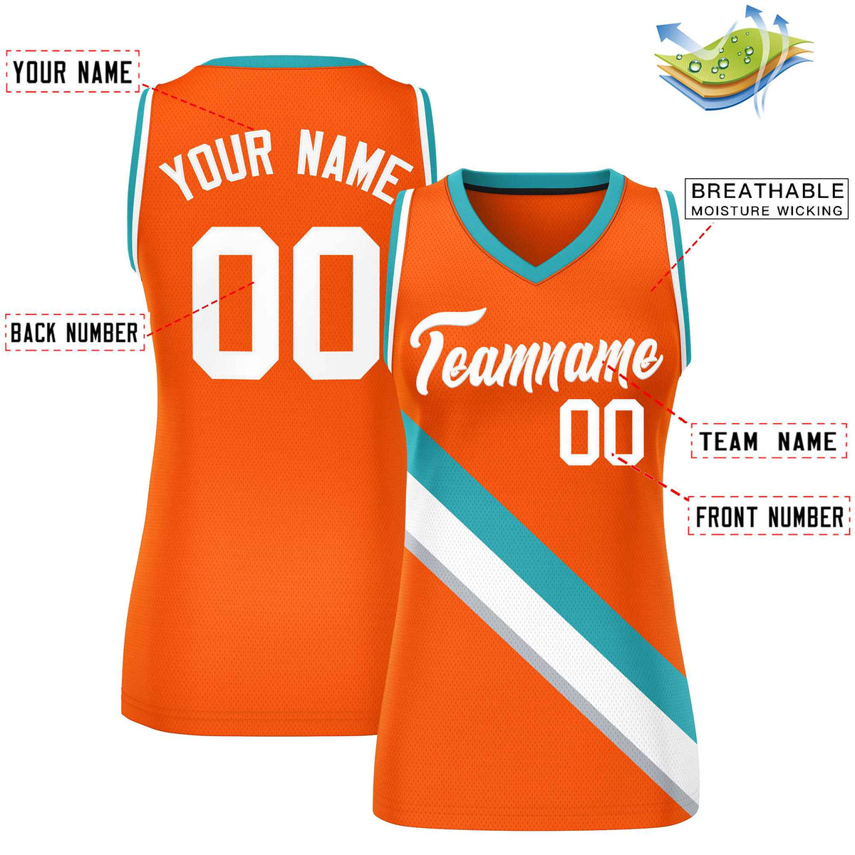 Custom Orange White-Aqua Thick Slash Fashion Tops Mesh Netball Dress For Women