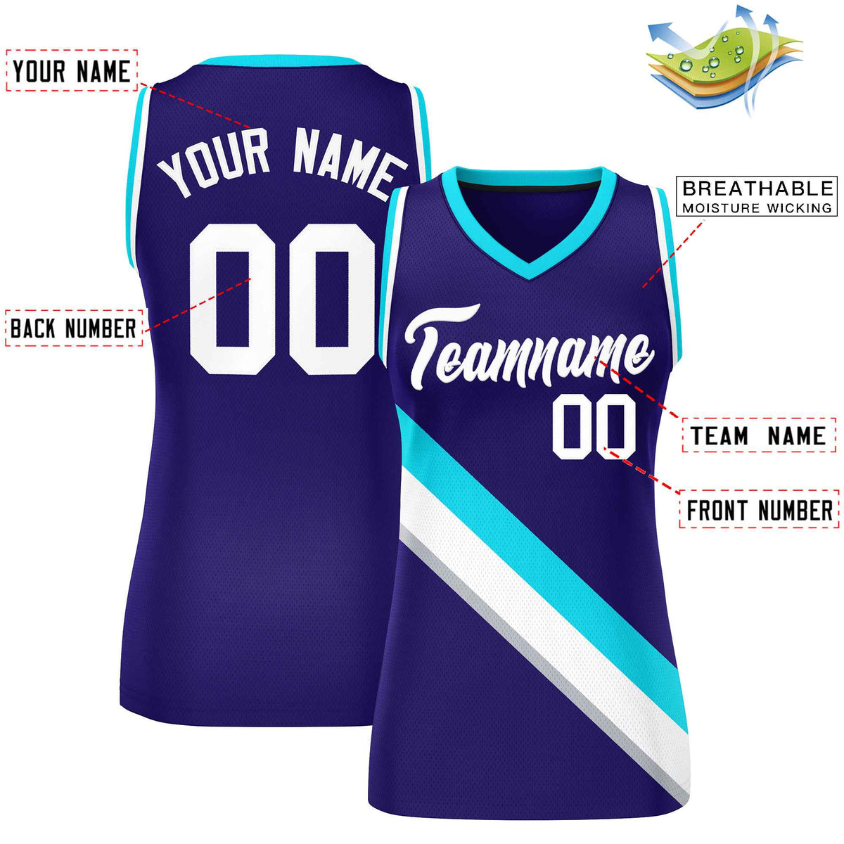 Custom Purple White-Powder Blue Thick Slash Fashion Tops Mesh Netball Dress For Women