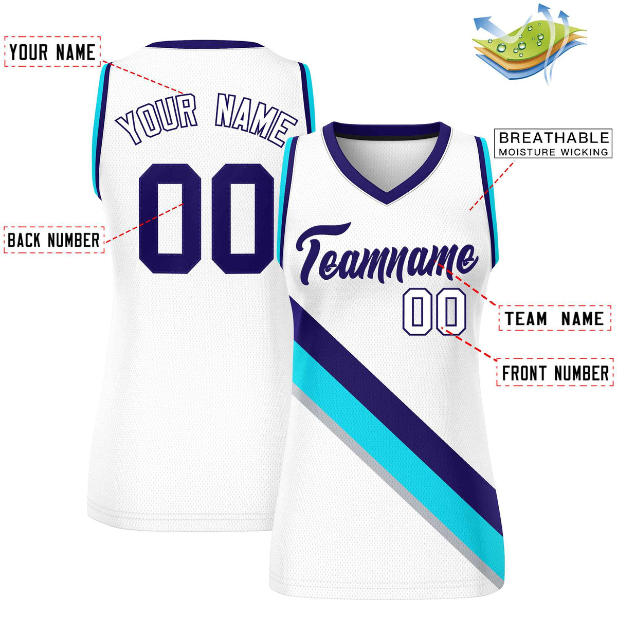 Custom White Purple-Powder Blue Thick Slash Fashion Tops Mesh Netball Dress For Women