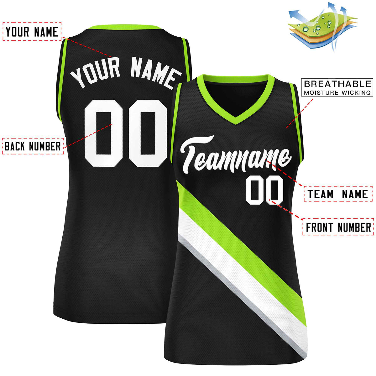 Custom Black Neon Green-Black Thick Slash Fashion Tops Mesh Netball Dress For Women