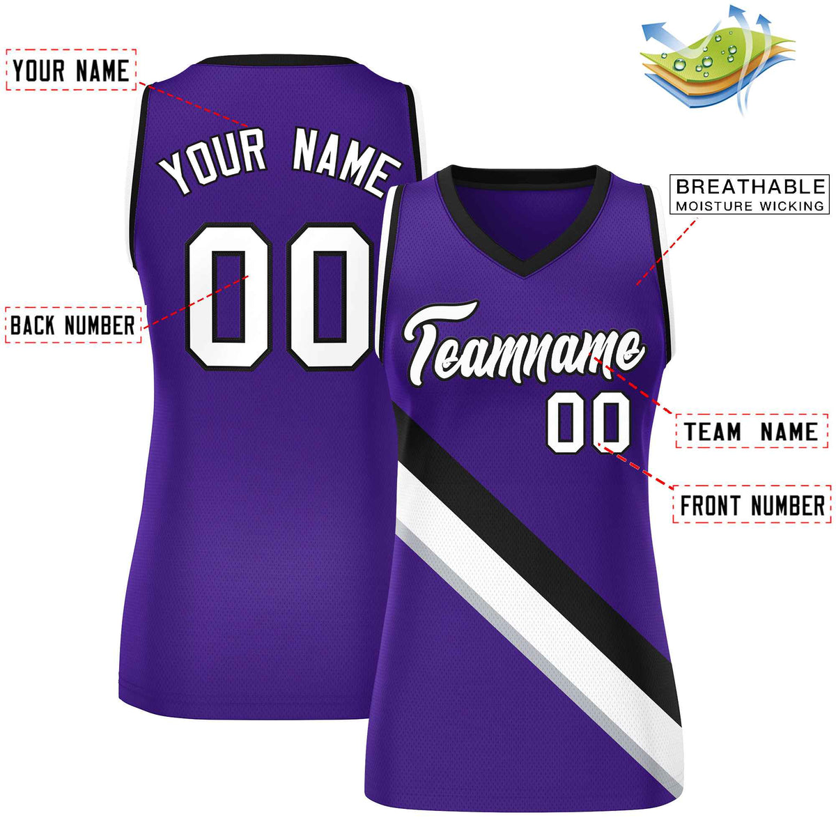 Custom Purple Black-White Thick Slash Fashion Tops Mesh Netball Dress For Women