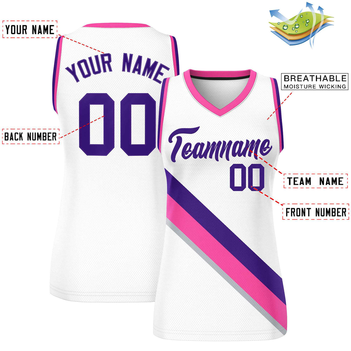 Custom White Pink-Purple Thick Slash Fashion Tops Mesh Netball Dress For Women