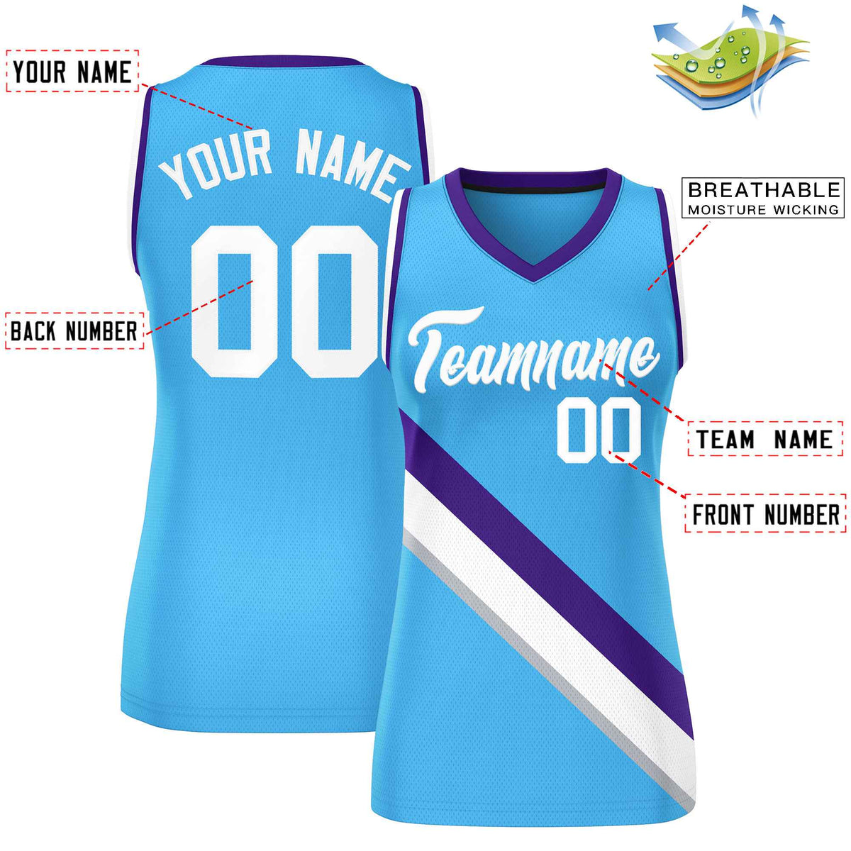 Custom Powder Blue Purple-White Thick Slash Fashion Tops Mesh Netball Dress For Women