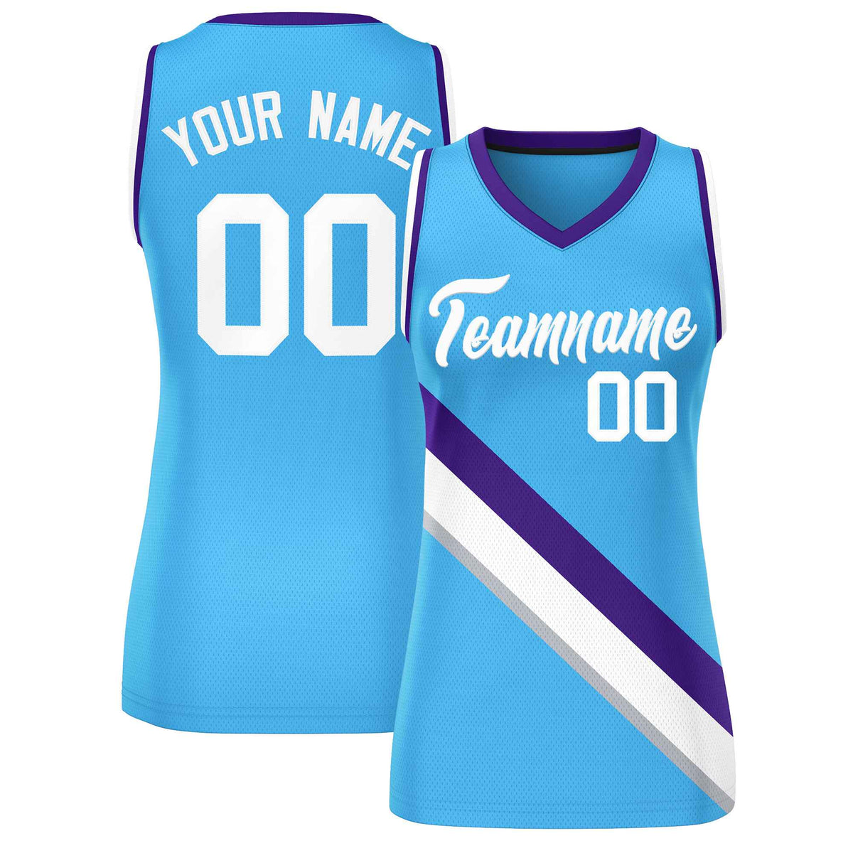 Custom Powder Blue Purple-White Thick Slash Fashion Tops Mesh Netball Dress For Women