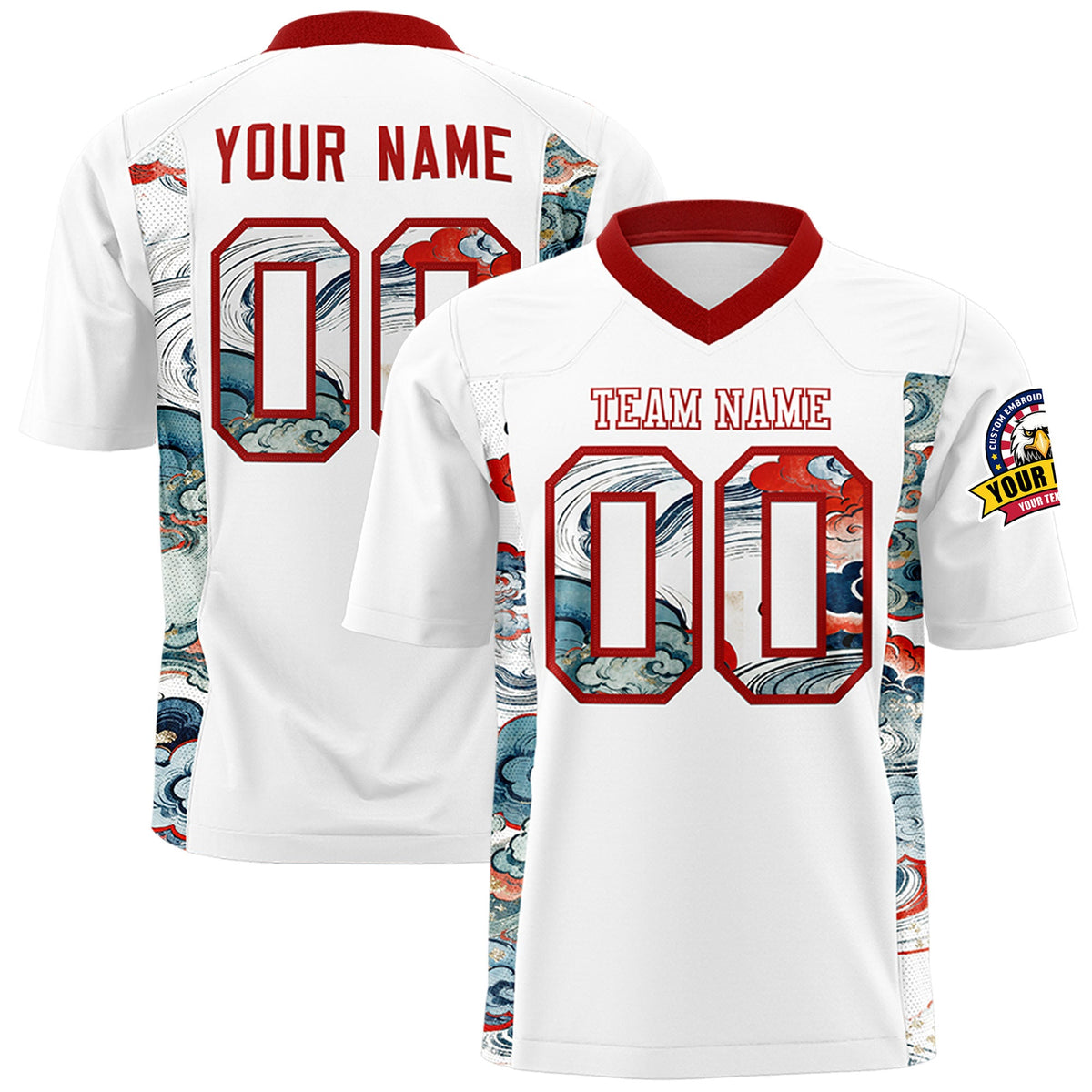 Custom White Red Ukiyo-e Auspicious Clouds Graffiti Pattern Football Jersey | For Men,For Women | KXKSHOP