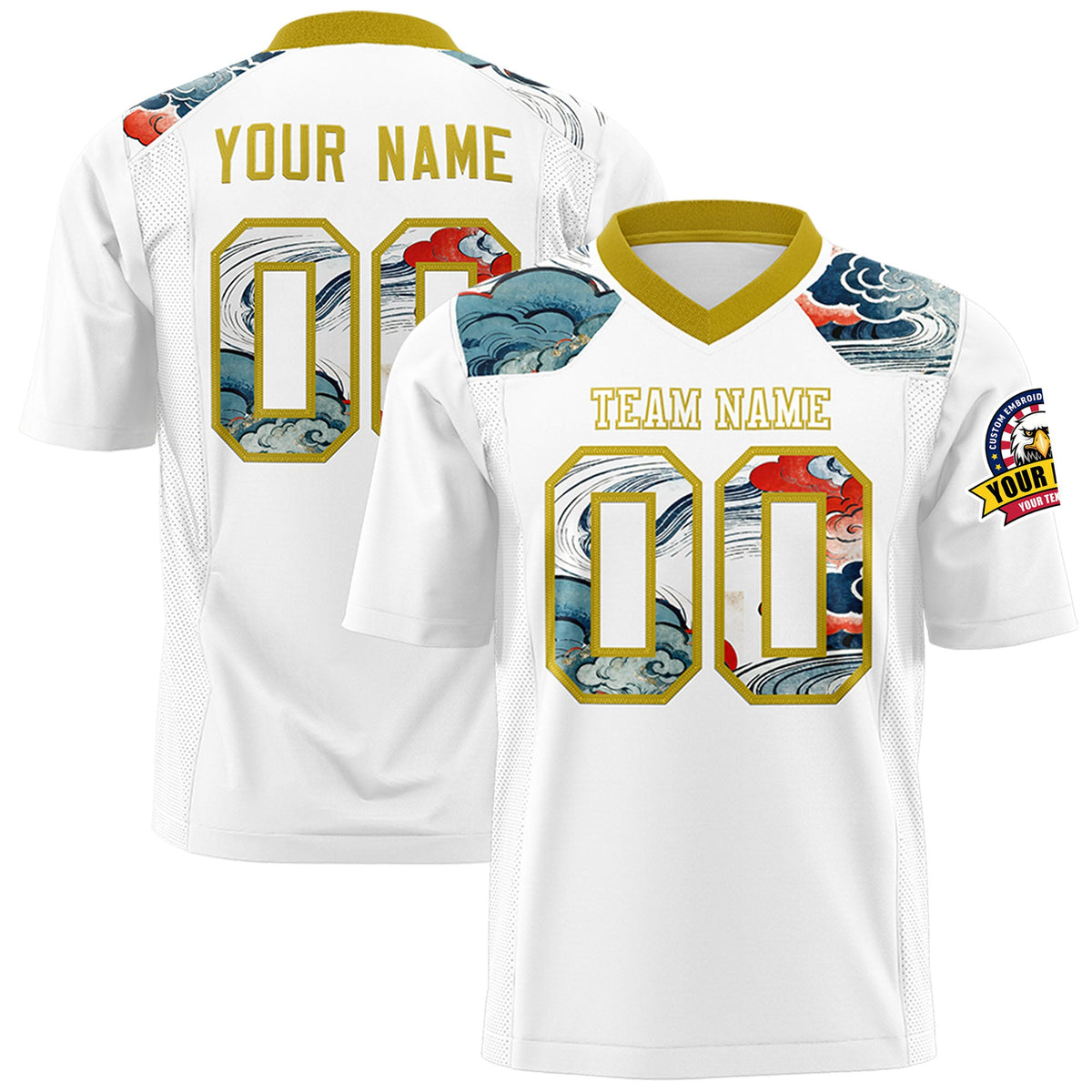 Custom Old Gold White Ukiyo-e Auspicious Clouds Graffiti Pattern Football Jersey | For Men,For Women | KXKSHOP