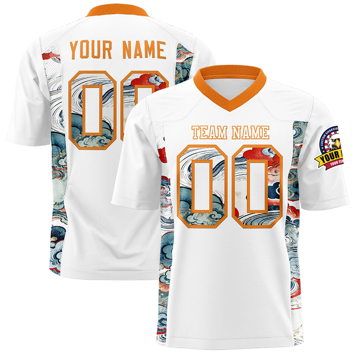 Custom White Orange Ukiyo-e Auspicious Clouds Graffiti Pattern Football Jersey | For Men,For Women | KXKSHOP