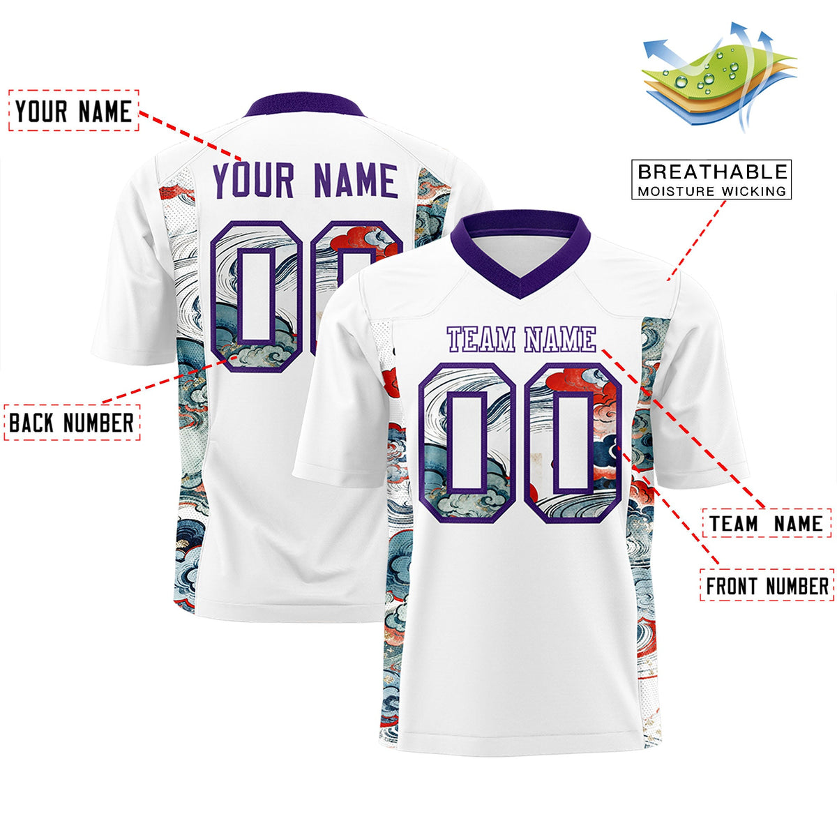 Custom White Purple Ukiyo-e Auspicious Clouds Graffiti Pattern Football Jersey | For Men,For Women | KXKSHOP