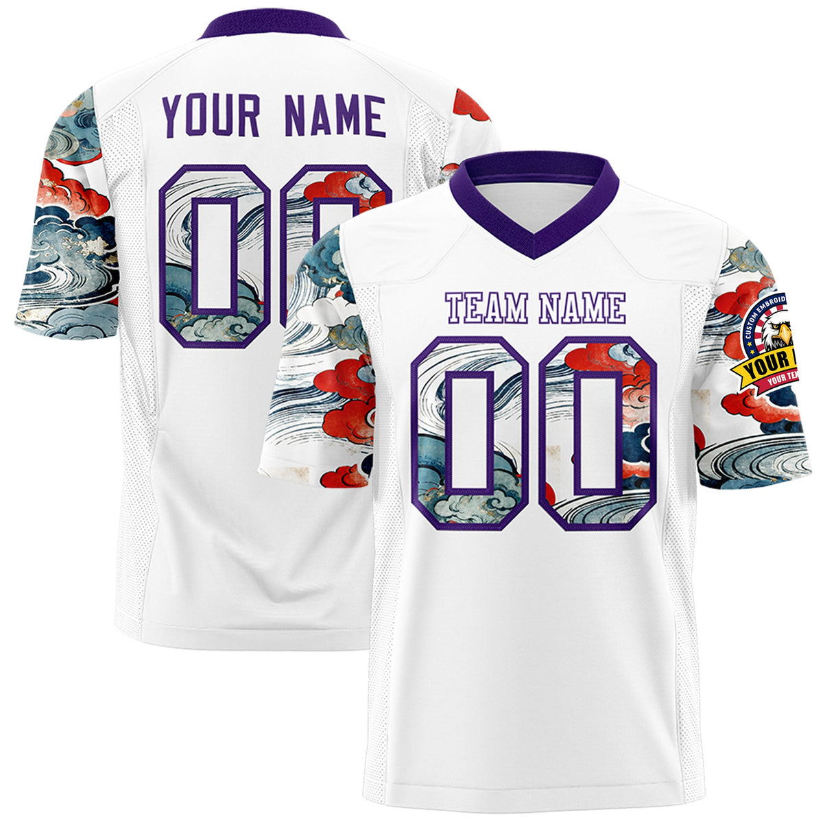 Custom White Purple Sleeve Ukiyo-e Auspicious Clouds Graffiti Pattern Football Jersey | For Men,For Women | KXKSHOP