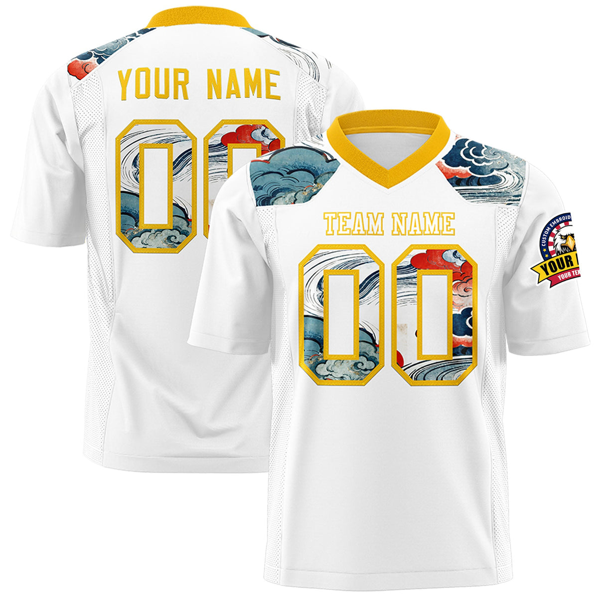 Custom Yellow White Ukiyo-e Auspicious Clouds Graffiti Pattern Football Jersey | For Men,For Women | KXKSHOP