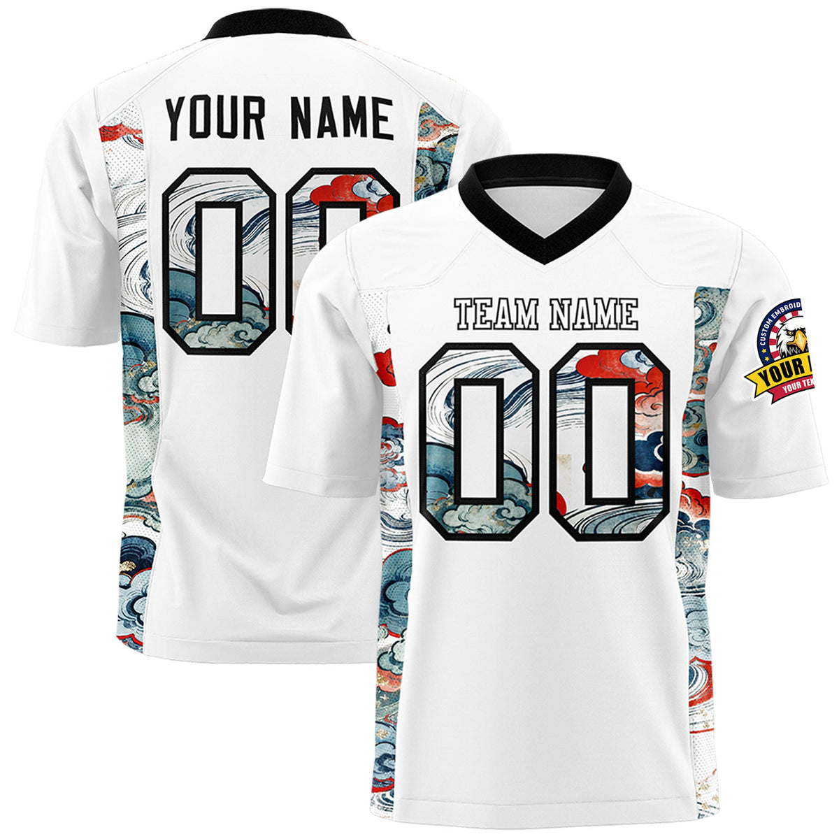 Custom White Black Ukiyo-e Auspicious Clouds Graffiti Pattern Football Jersey | For Men,For Women | KXKSHOP