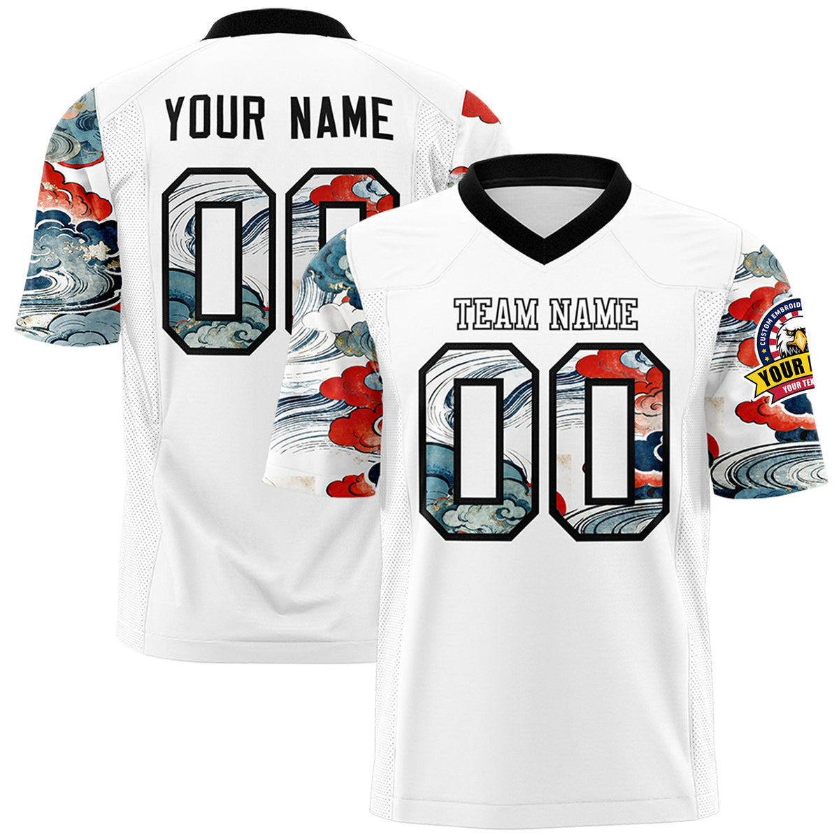 Custom White Black Sleeve Ukiyo-e Auspicious Clouds Graffiti Pattern Football Jersey | For Men,For Women | KXKSHOP