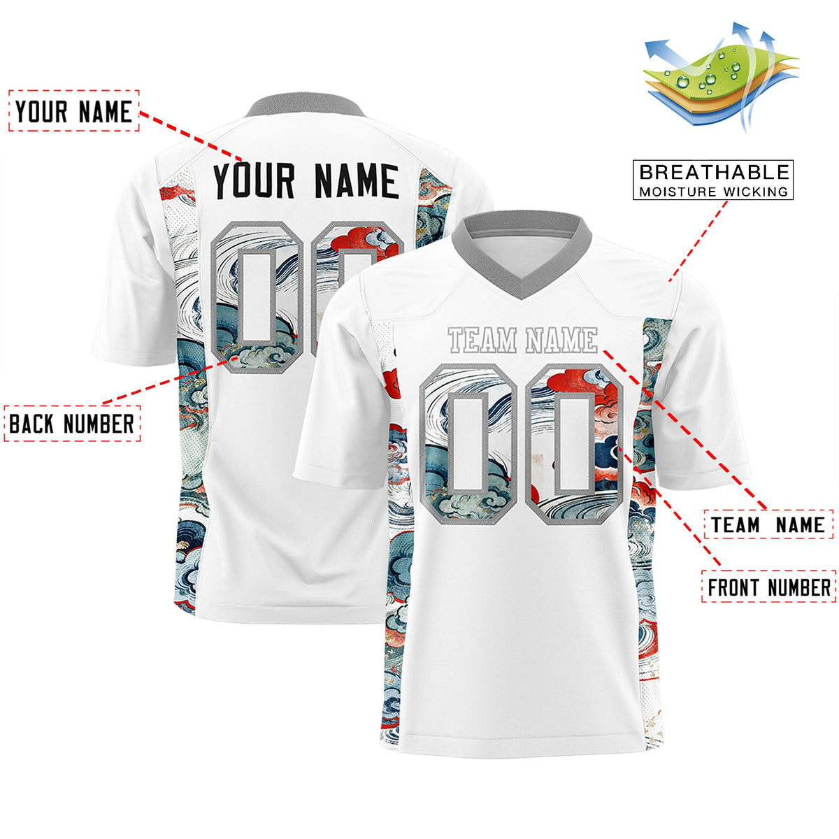 Custom White Gray Ukiyo-e Auspicious Clouds Graffiti Pattern Football Jersey | For Men,For Women | KXKSHOP