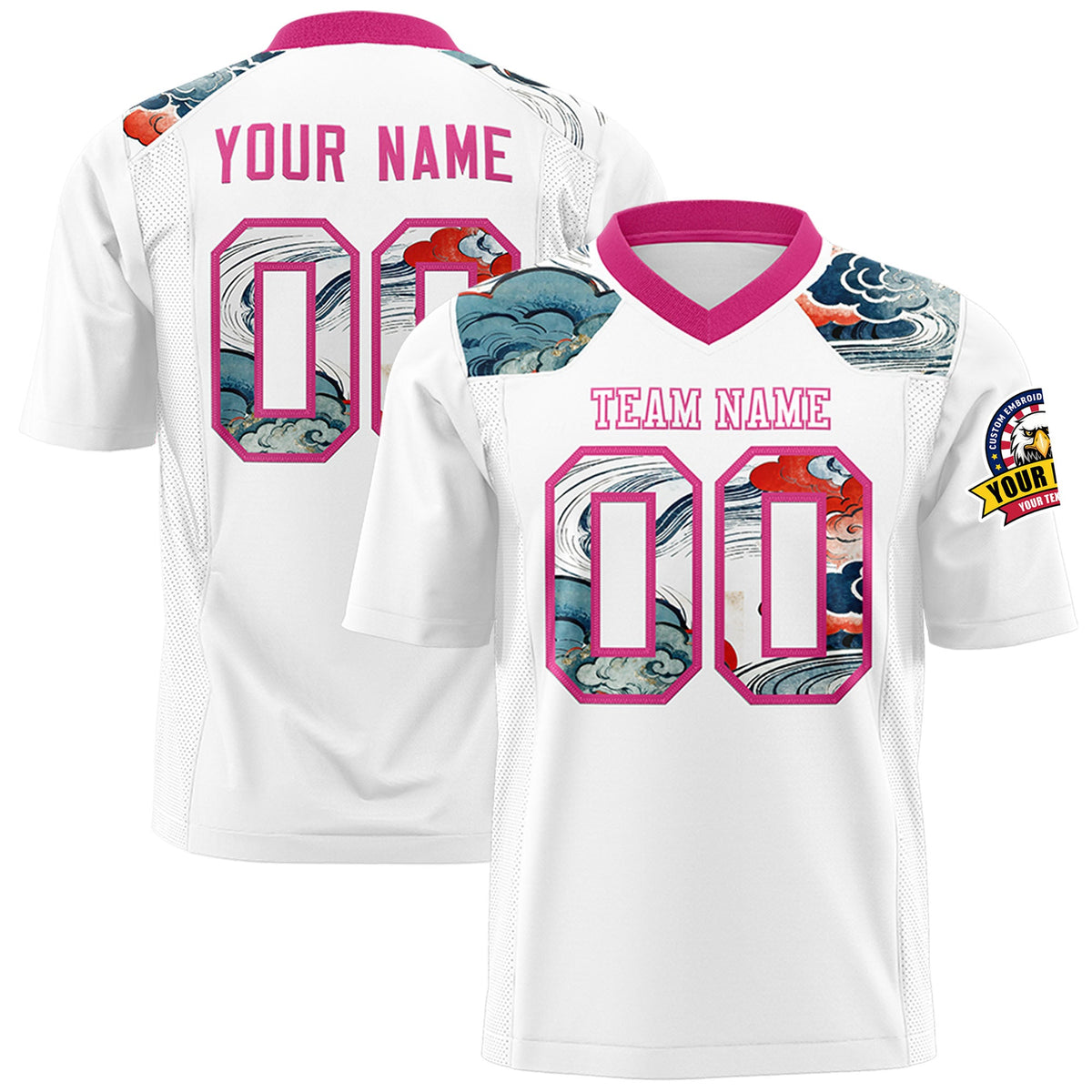 Custom Rose Red White Ukiyo-e Auspicious Clouds Graffiti Pattern Football Jersey | For Men,For Women | KXKSHOP