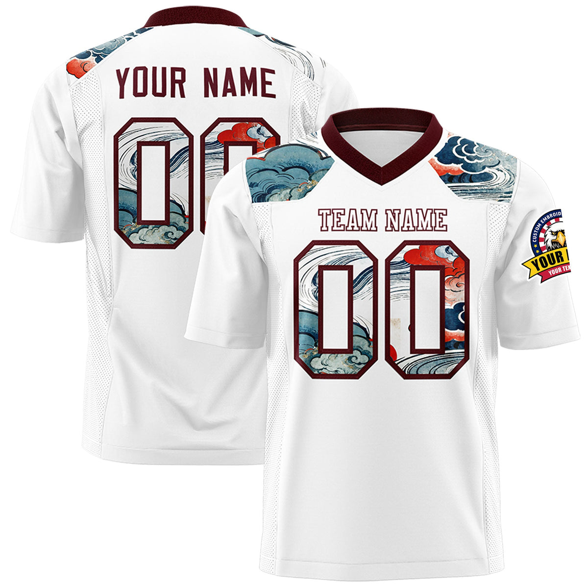 Custom Burgundy White Ukiyo-e Auspicious Clouds Graffiti Pattern Football Jersey | For Men,For Women | KXKSHOP