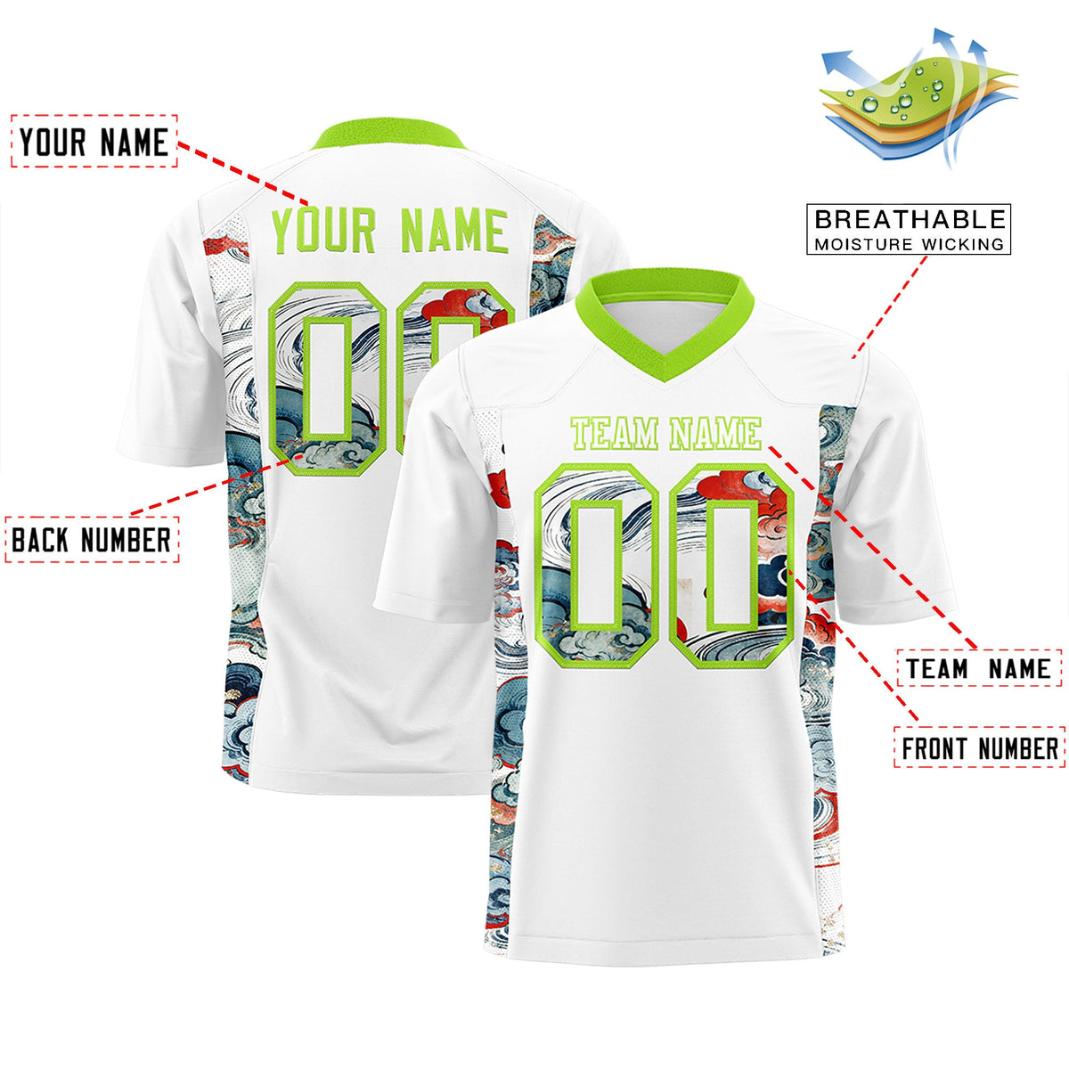 Custom White Neon Green Ukiyo-e Auspicious Clouds Graffiti Pattern Football Jersey | For Men,For Women | KXKSHOP