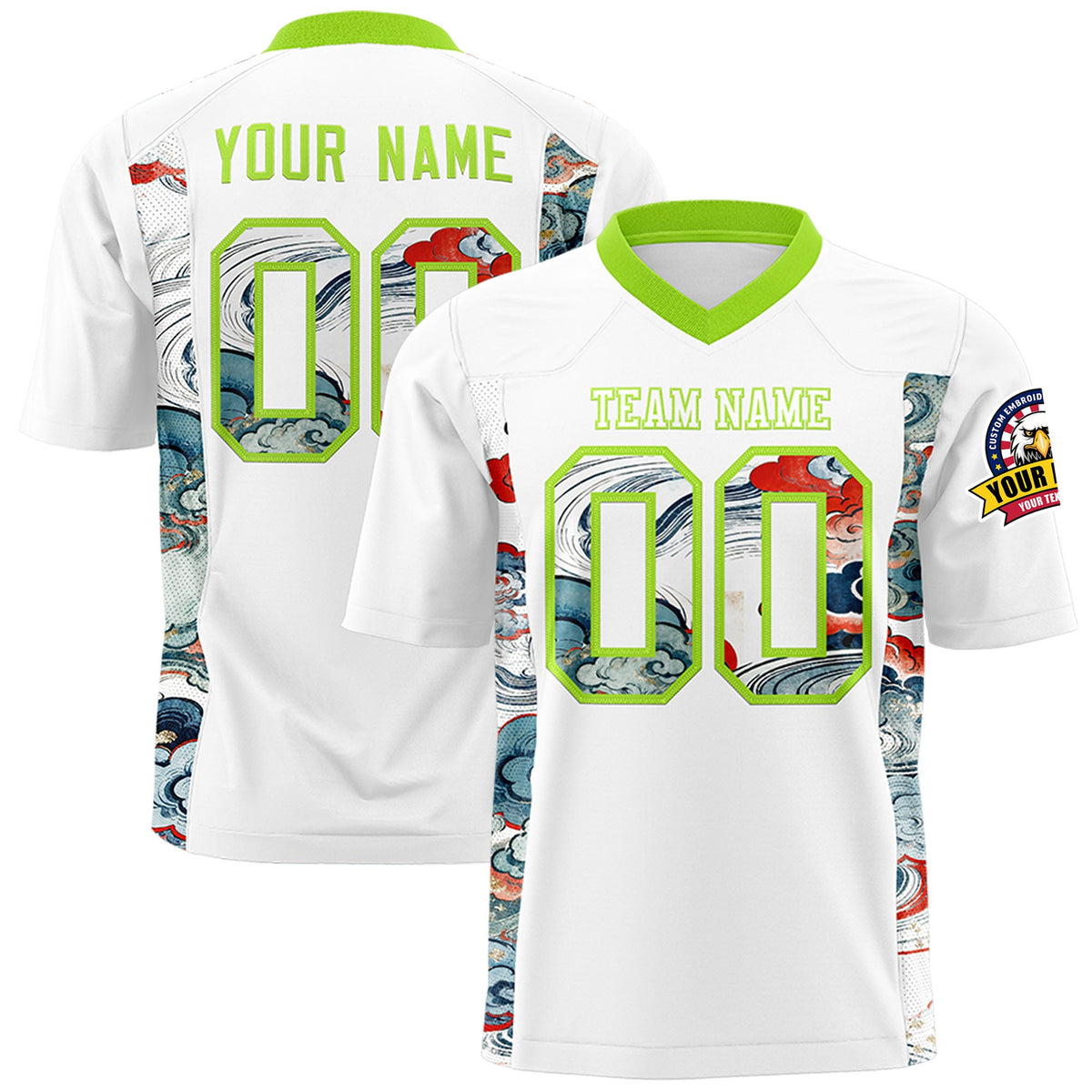 Custom White Neon Green Ukiyo-e Auspicious Clouds Graffiti Pattern Football Jersey | For Men,For Women | KXKSHOP