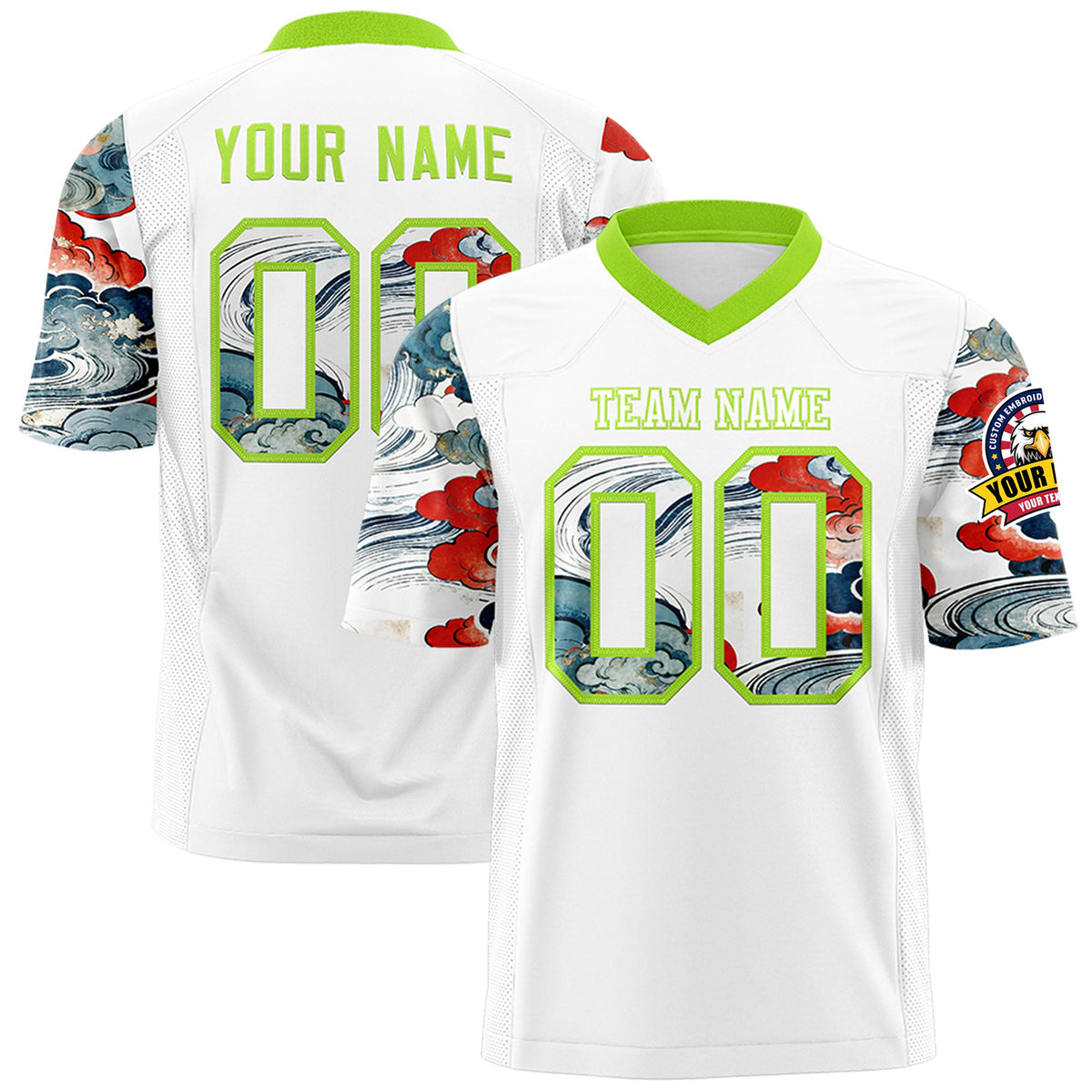Custom White Neon Green Sleeve Ukiyo-e Auspicious Clouds Graffiti Pattern Football Jersey | For Men,For Women | KXKSHOP