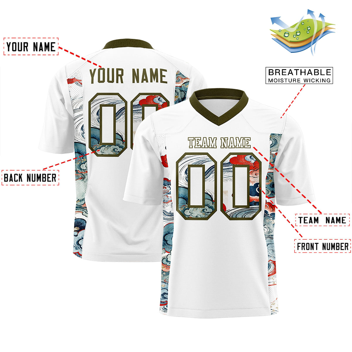 Custom White Olive Ukiyo-e Auspicious Clouds Graffiti Pattern Football Jersey | For Men,For Women | KXKSHOP