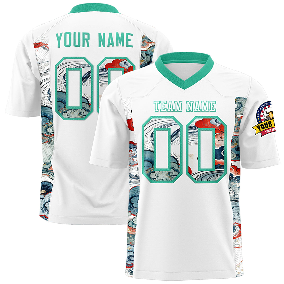 Custom White Bright Green Ukiyo-e Auspicious Clouds Graffiti Pattern Football Jersey | For Men,For Women | KXKSHOP