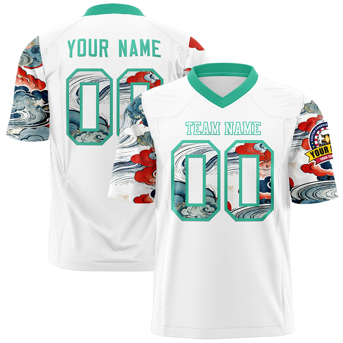 Custom White Bright Green Sleeve Ukiyo-e Auspicious Clouds Graffiti Pattern Football Jersey | For Men,For Women | KXKSHOP