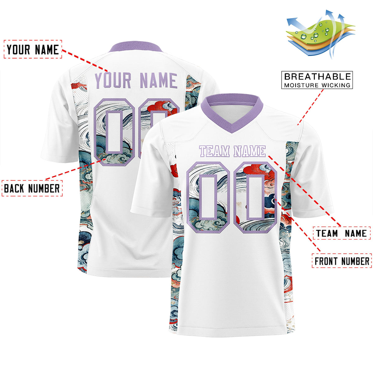 Custom White Light Purple Ukiyo-e Auspicious Clouds Graffiti Pattern Football Jersey | For Men,For Women | KXKSHOP