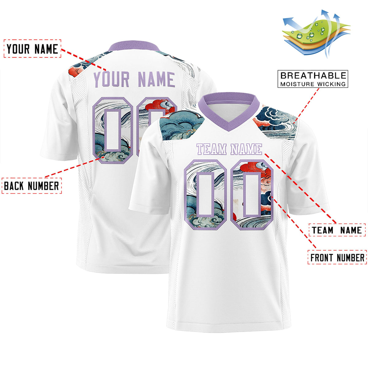 Custom Light Purple White Ukiyo-e Auspicious Clouds Graffiti Pattern Football Jersey | For Men,For Women | KXKSHOP