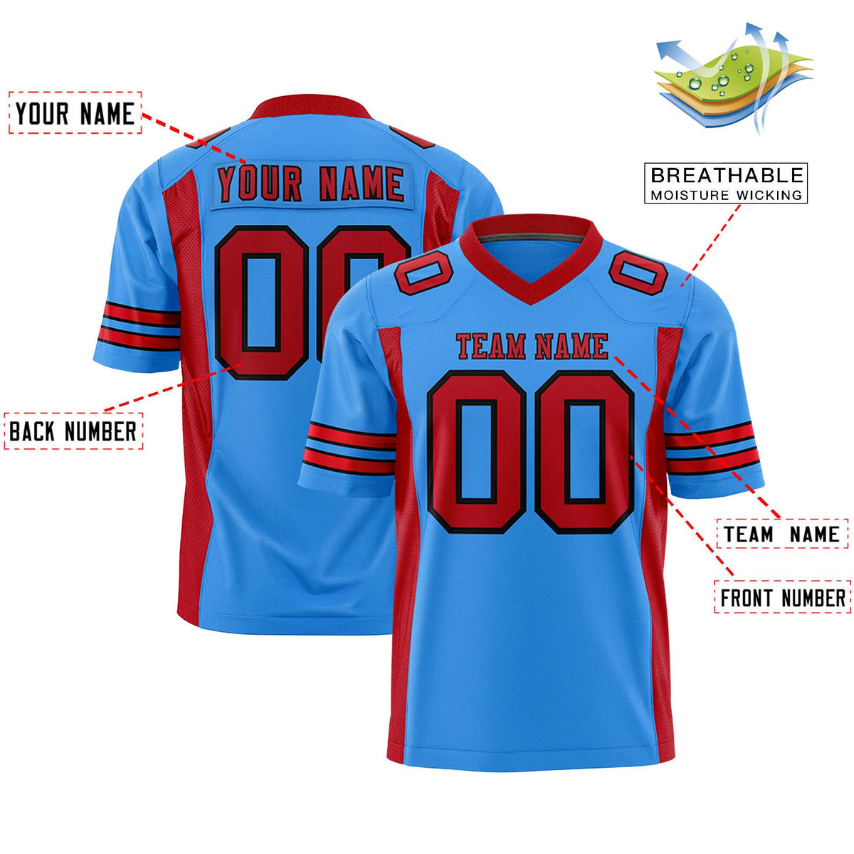 Custom Powder Blue Red Personalized Insert Color Design Authentic Football Jersey