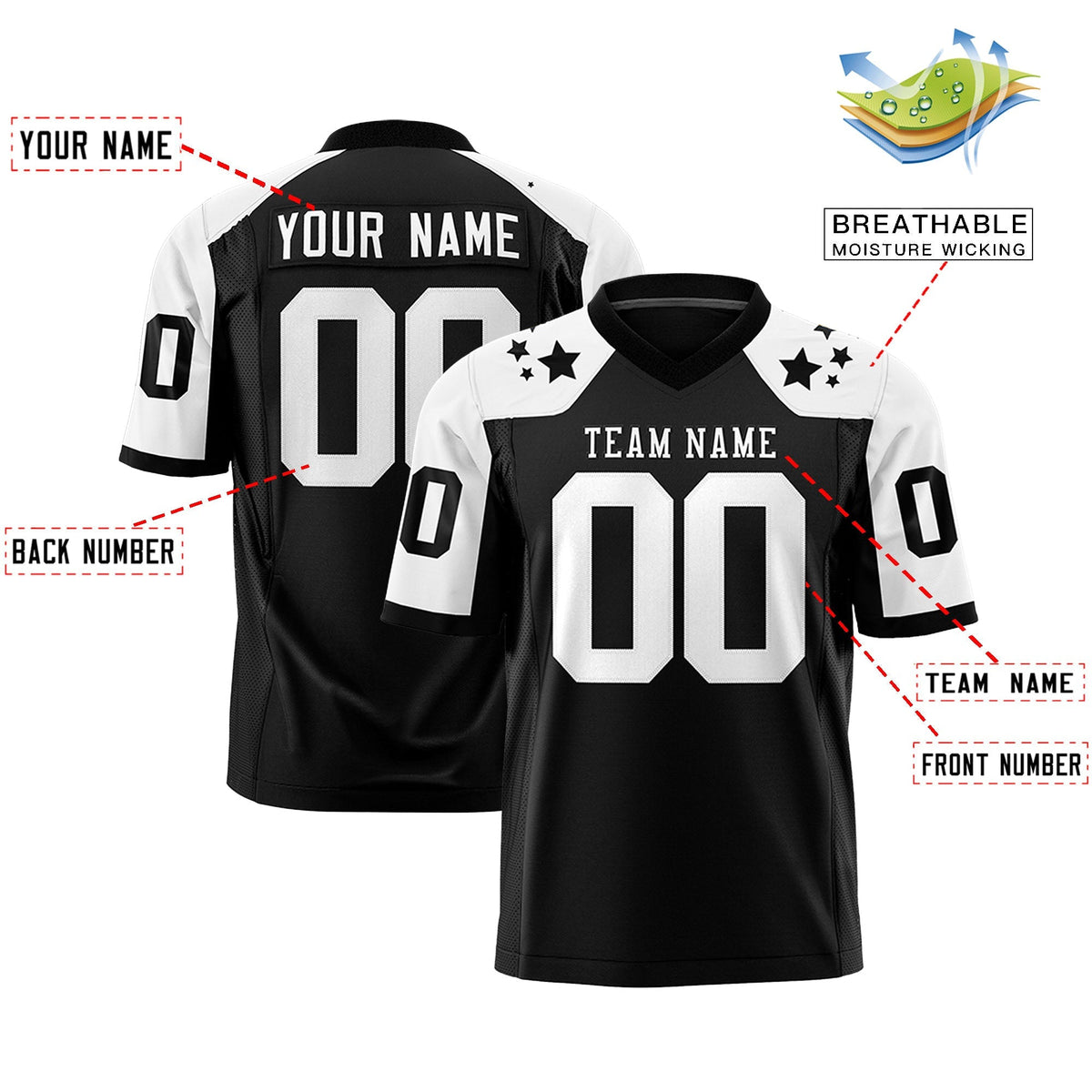 Custom Black White Personalized Shoulder Star Pattern Authentic American Football Jersey