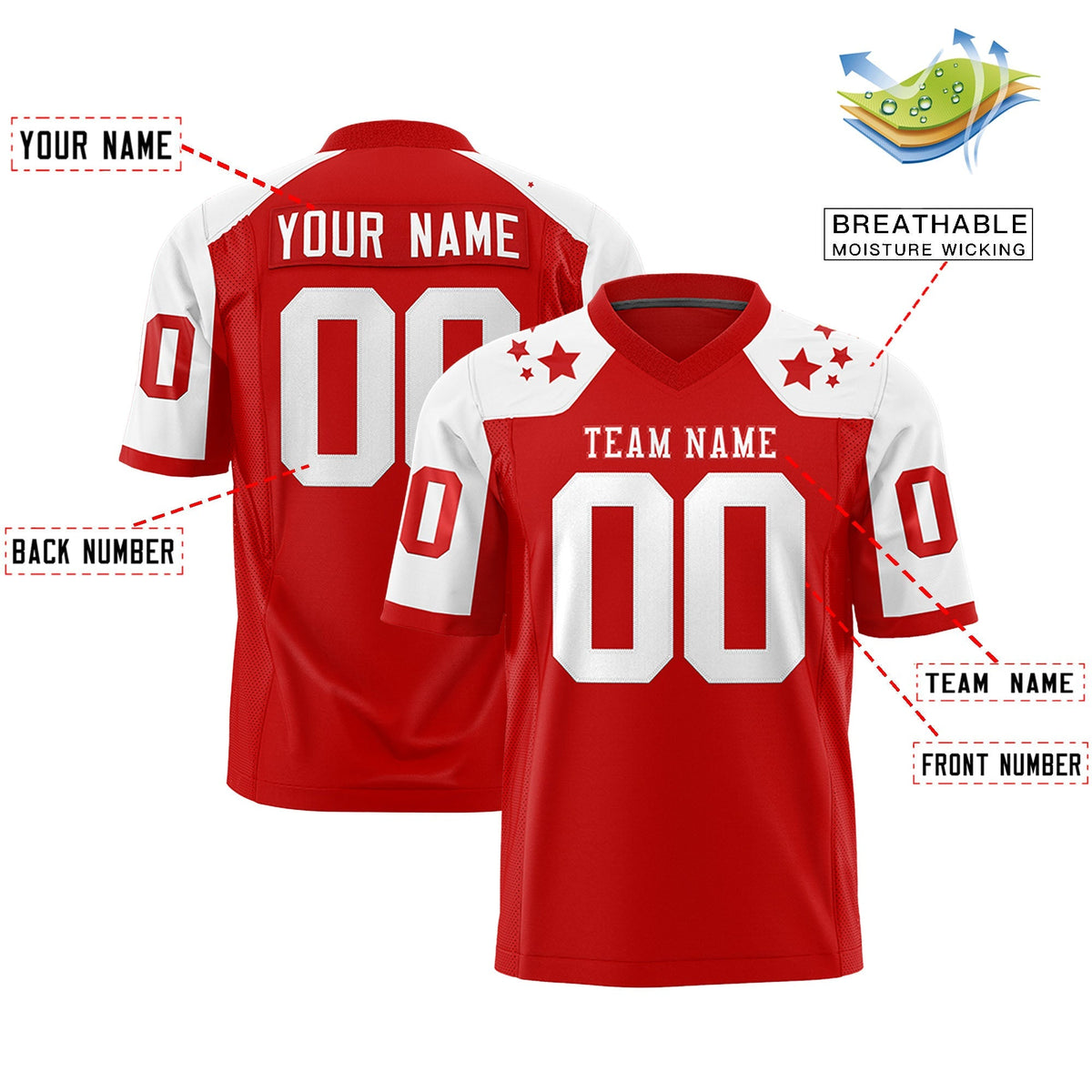 Custom Red White Personalized Shoulder Star Pattern Authentic American Football Jersey