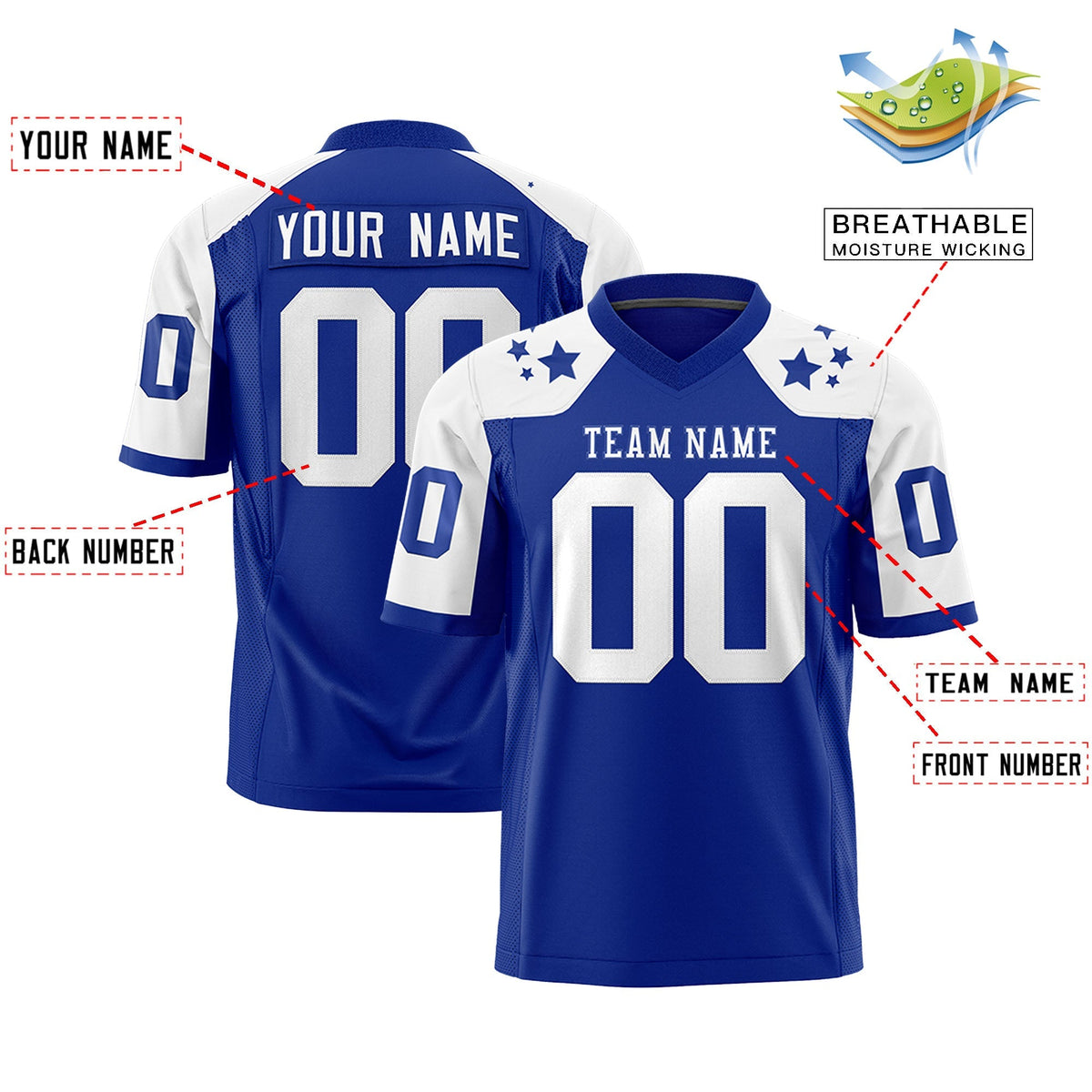 Custom Royal White Personalized Shoulder Star Pattern Authentic American Football Jersey