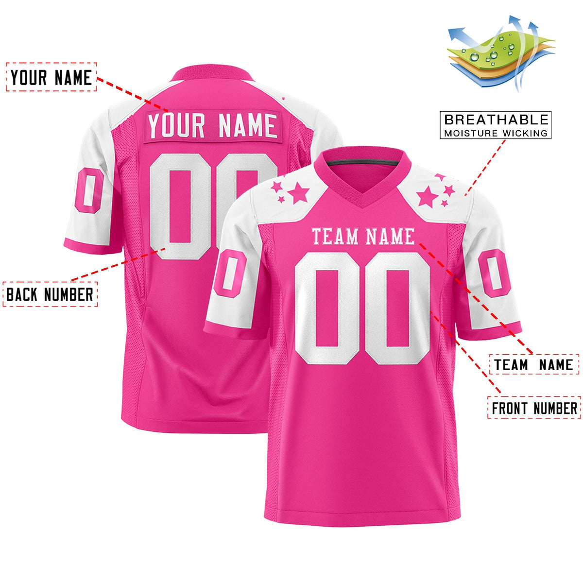 Custom Pink White Personalized Shoulder Star Pattern Authentic American Football Jersey