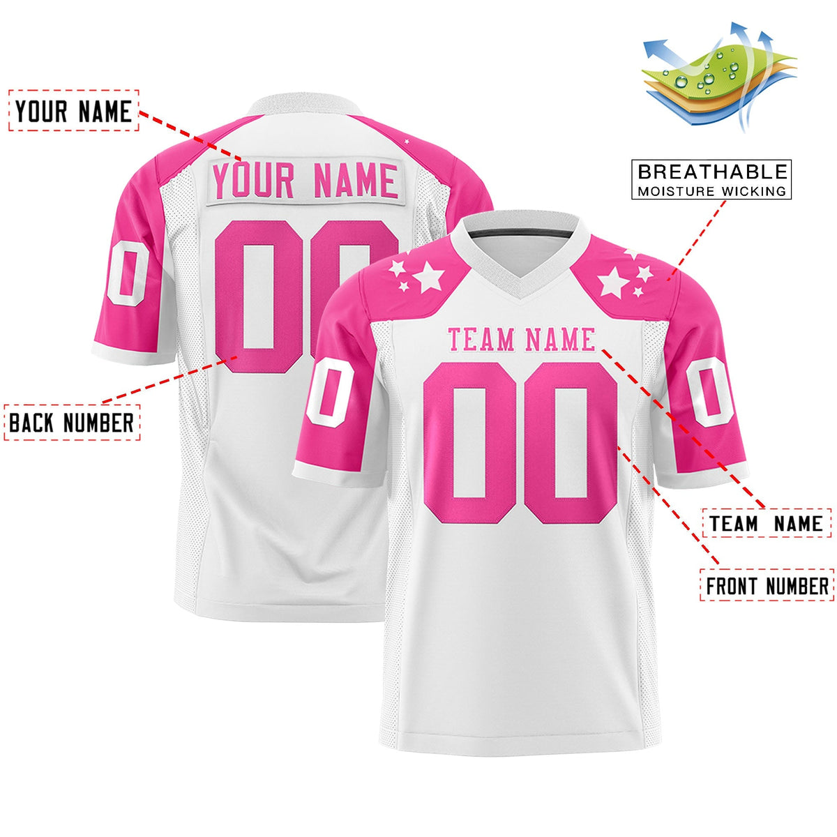 Custom White Pink Personalized Shoulder Star Pattern Authentic American Football Jersey
