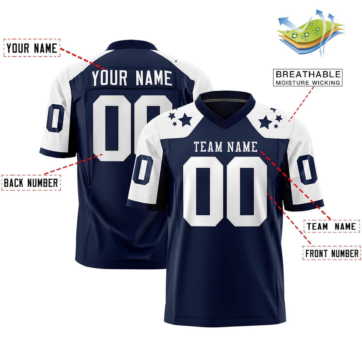 Custom Navy White Personalized Shoulder Star Pattern Authentic American Football Jersey