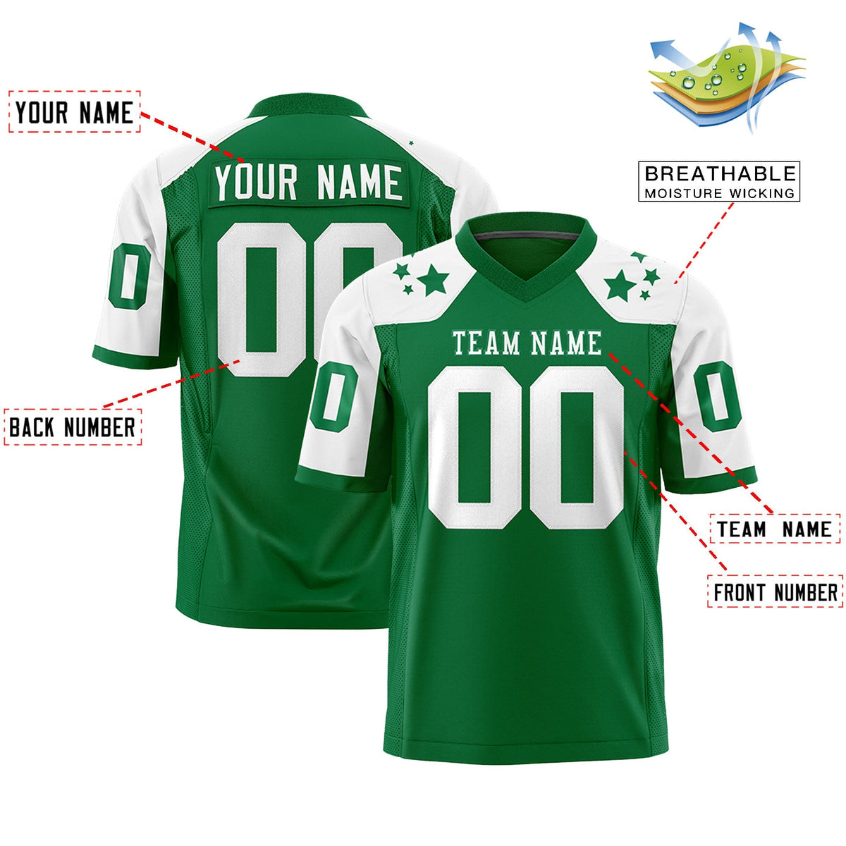 Custom Kelly Green White Personalized Shoulder Star Pattern Authentic American Football Jersey