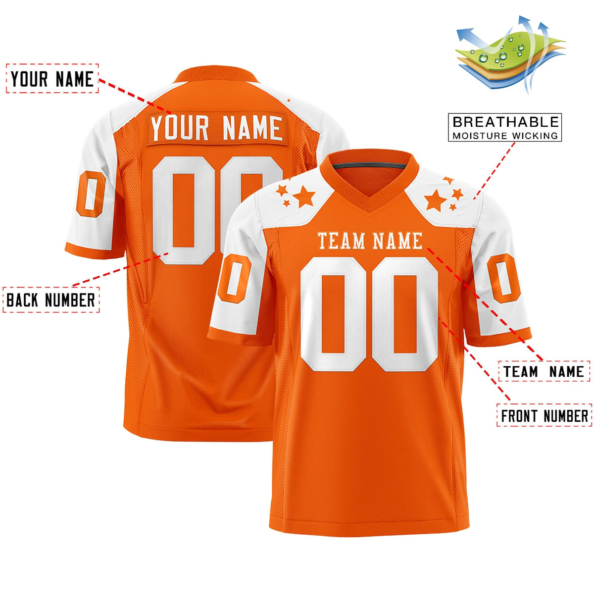 Custom Orange White Personalized Shoulder Star Pattern Authentic American Football Jersey