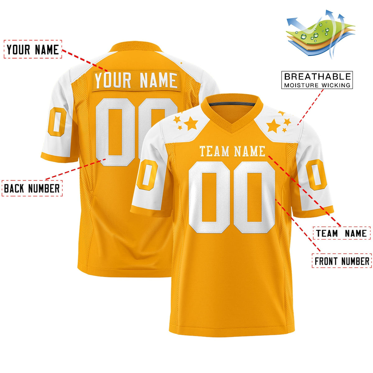 Custom Yellow White Personalized Shoulder Star Pattern Authentic American Football Jersey